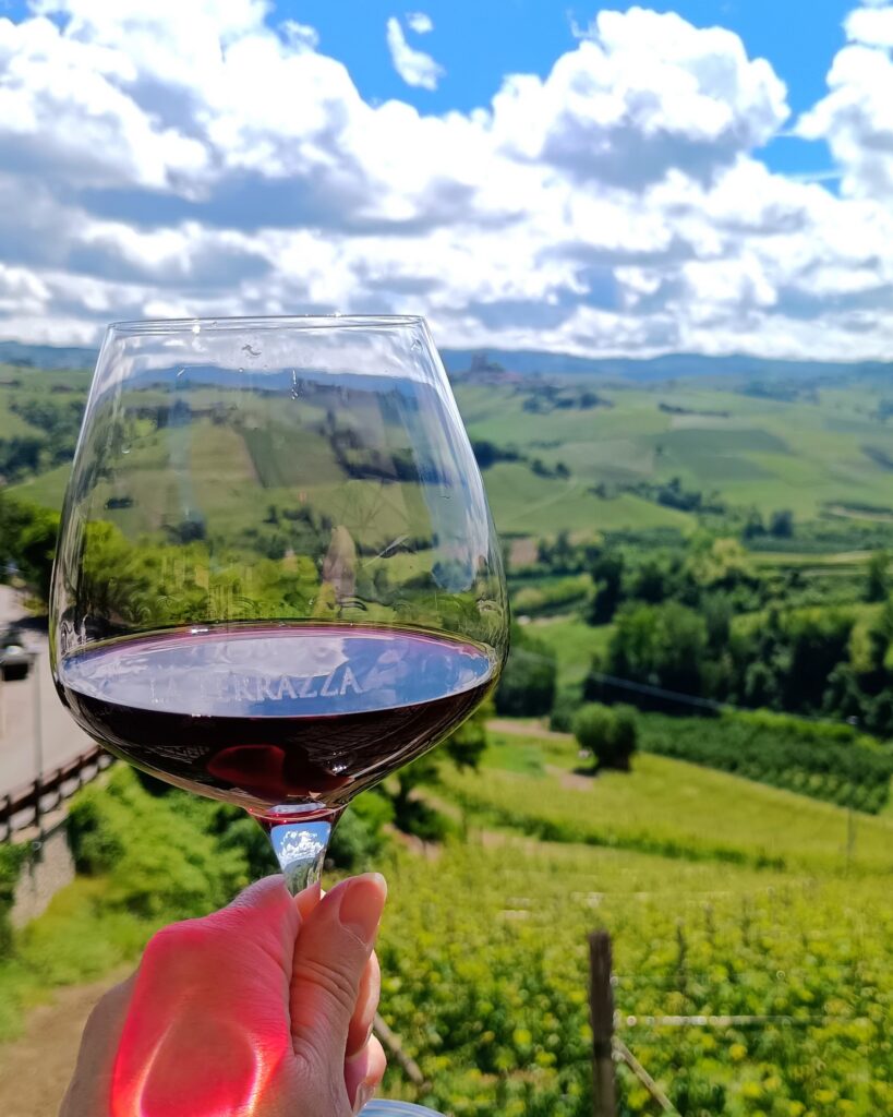 Wine glass over vineyards- Italy