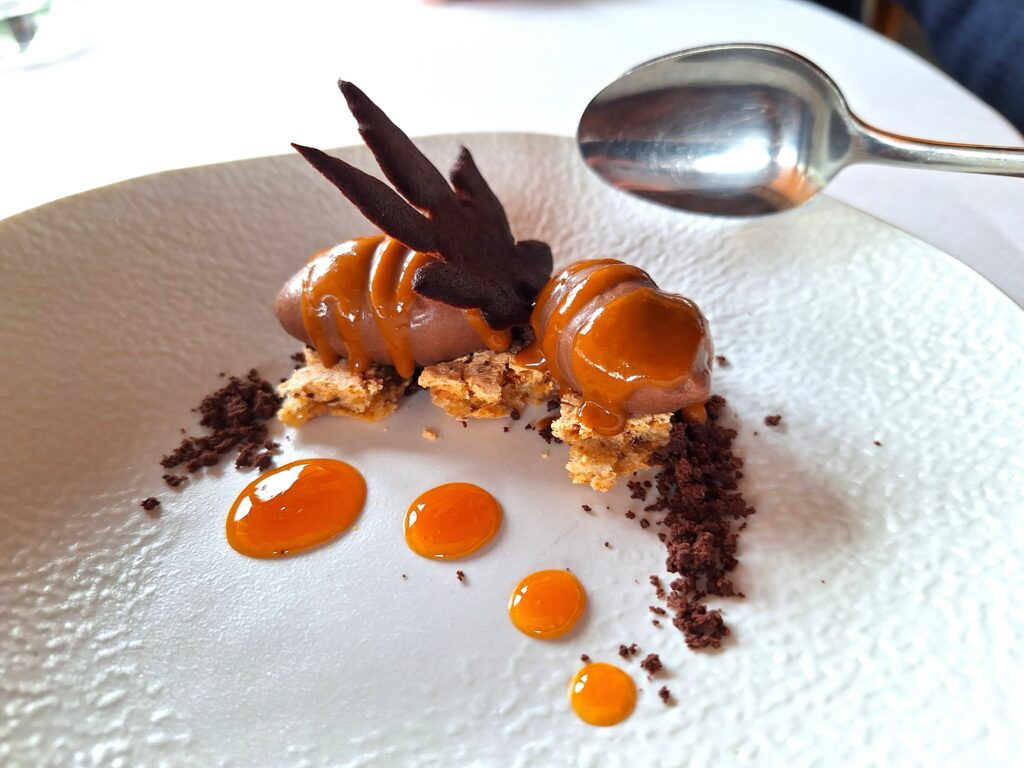 Chocolate, hazelnut, and orange dessert at Alameda in Hondarribia, Spain